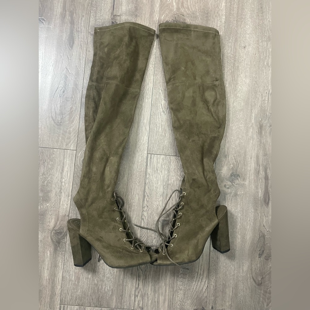 Olive Faux Suede Knee Length Boots